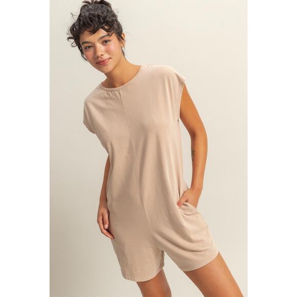 HYFVE Round Neck Cap Sleeves Side Pockets Relaxed Fit Breezy Romper | Dark Taupe - Picture 3 of 6
